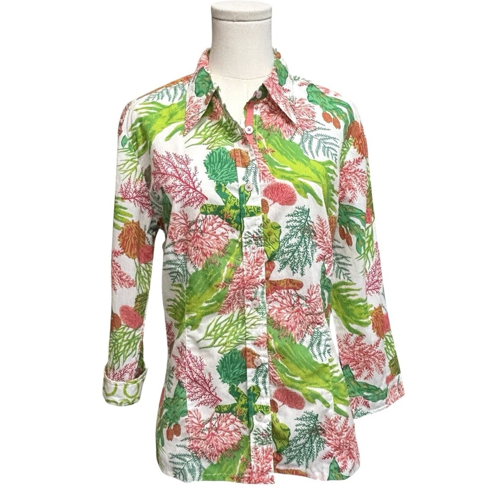 Tizzie Sz M Coral Reef Botanical Button Down Shirt 3/4 Sleeve Contrast Flip Cuff